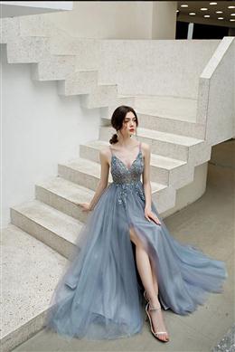 Picture of Charming Blue V-neckline Straps Beaded Top Long Party Dresses, V Back Prom Dresses Evening Dresses